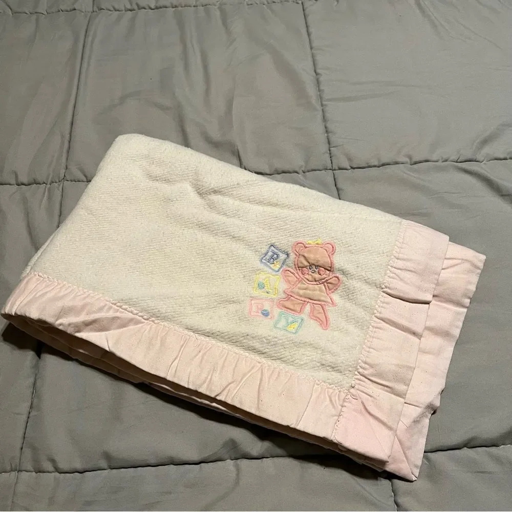 VTG Bundles by Sterncraft Baby Blanket Bear Blue Blocks Acrylic USA Satin Pink